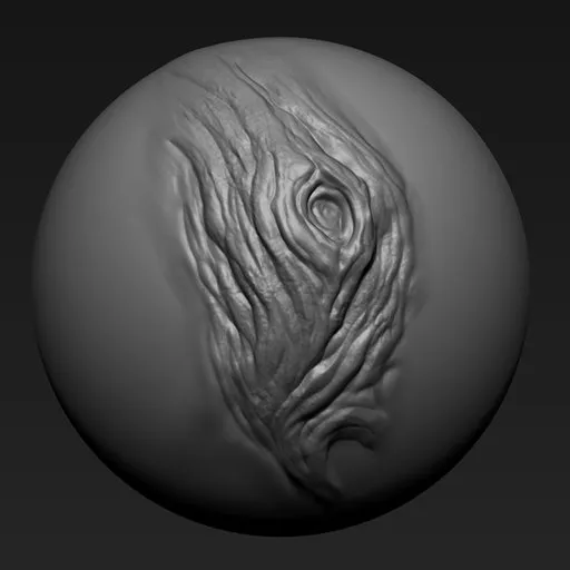 3D sculpting brush imprint of detailed tree bark texture for modeling wood details in Blender.