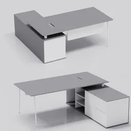 3D rendering of a sleek managerial desk with integrated file storage, ideal for Blender office scene creations.