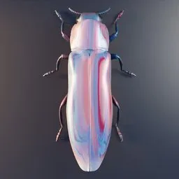 "3D model of an Agrilus beetle, perfect for concept art in Blender 3D. The model showcases intricate details with a close-up view, set on a black surface adorned with a pink and blue stripe. With raytracing reflections and translucency, this metallic sculpture by Erwin Bowien evokes an aesthetic riot inspired by Jonathan Zawada and featured on Dribbble."