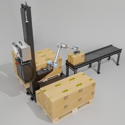 Detailed 3D model of industrial robot arm with palletizing setup, including air pick and conveyor, available for Blender.