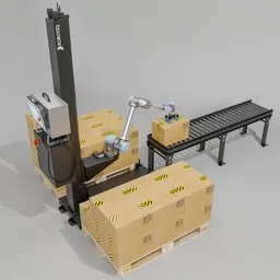 "Robot UR10 Robotiq Palletizing Solution - Fully rigged 3D model for Blender 3D. Features Universal Robots UR10 on Robotiq palletizing solution AX, complete with Robotiq Air Pick 4 and roller conveyor. Animate or pose right out of the box for seamless integration into your projects."