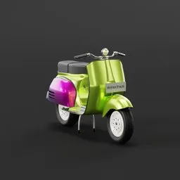 "Vespa drag race: a realistic 3D model of a green and purple scooter on a black background. This painterly illustration is inspired by artists such as Giorgio Giulio Clovio and Clemens Ascher, making it an ideal choice for game assets and Blender 3D projects."