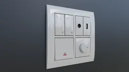 Detailed 3D render of a white modular switchboard with various buttons and a dial, compatible with Blender.