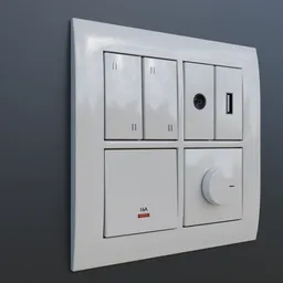 "Modular Switchboard with interchangeable buttons and modules for Blender 3D. White light switch on a blue background, realistic 8k render inspired by Ditlev Blunck. Perfect for ship control panels and connectors. By Fred A. Precht."