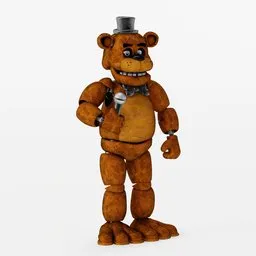 Detailed Freddy Fazbear Blender 3D model, animatronic bear with microphone and top hat.