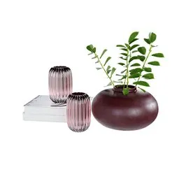 Realistic 3D model of modern table decoration with plant and candle holders, perfect for Blender rendering.