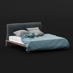 "Modern bed with blue blanket and pillows, rendered in Unreal Engine 5 at 4K resolution. Inspired by Alfons Walde and designed with Swedish influence, this 3D model captures detailed body shape and features soft motion blur. Perfect for creating a cozy and stylish atmosphere in Blender 3D projects."