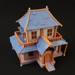 Detailed 3D fantasy house model with orange walls, blue roof, and balcony, designed for Blender.