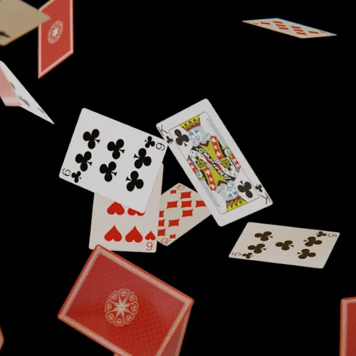 Scattered playing cards Blender 3D model with procedural texture generating random designs on duplication.