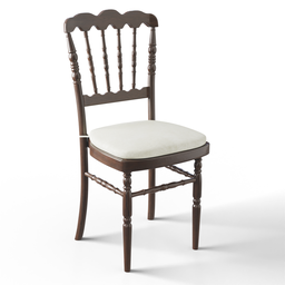 "Vintage Dior chair with cushion in Blender 3D model - intricately carved antique bone and wrought iron design inspired by John Crawford Brown. Photorealistic texture featuring repeating fabric pattern on white tablecloth."