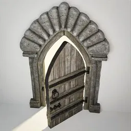 Detailed low-poly 3D model with stone arch and wooden door, ideal for Blender 3D castle creations.