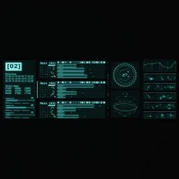 Detailed 3D HUD/interface panels with charts, radars, and analytic graphics, designed for Blender rendering.