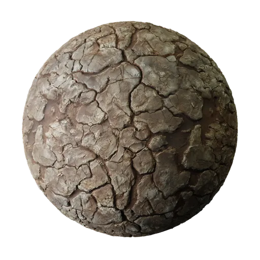 Realistic dry cracked soil PBR texture for 3D Blender material with detailed displacement mapping for terrain and landscape modeling.