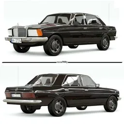 "Photorealistic 3D model of a black 1980 MercedesBenz 230E car, rendered in Blender using EEVEE. Perfect for car trading games and digital restorations, this highly detailed masterpiece includes front, back, and side views. Change the shaders easily for optimal rendering in Cycles."