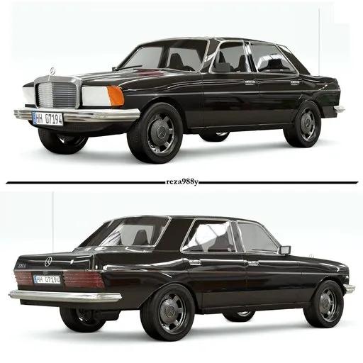 Detailed 1980 Mercedes-Benz 230E 3D model, Blender Eevee render compatible, vintage vehicle design.