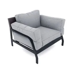 Highly detailed gray upholstered armchair 3D model with black frame, designed for Blender rendering.