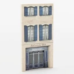 Low poly 3D Blender model of a shop front with detailed PBR textures, featuring windows and entrance.