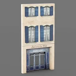 Low poly 3D Blender model of a shop front with detailed PBR textures, featuring windows and entrance.