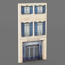 "Low-poly 3D model of a charming shop front with blue shutters, clock and high-detail interior, created in Blender 3D software using PBR textures. Perfect for architectural visualization and interior design projects in the Public category."