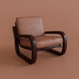 Detailed Blender 3D model of a modern brown textured chair with curved wooden arms and legs against a plain backdrop.