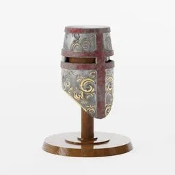 "Lowpoly crusader helmet on a wooden hanger, rendered in Blender 3D. This historic military 3D model features a medieval background, metallic ceramic texture, and a realistic artstyle, inspired by Robert C. Barnfield. Perfect for creating a medieval knight scene or adding to your Blender 3D collection."