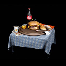 Realistic Blender 3D model showcasing a meal setup with hamburger, soda, sweets, and coffee on table.