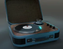 Highly detailed 3D model of a vintage turntable with stylus, dials, and vinyl record, created in Blender.