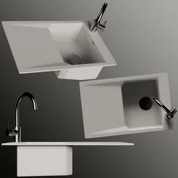 Detailed 3D model of a white modern kitchen sink with a chrome faucet, optimized for Blender rendering.