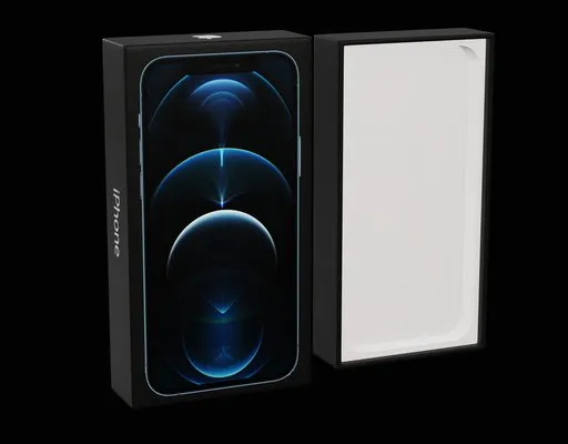 Realistic 3D model of iPhone 12 Pro Max box, crafted in Blender with Substance Painter textures and lighting effects.