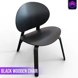 "Game-ready dark wood chair 3D model for Blender with detailed body shape, photorealistic rendering, and batoidea-inspired rounded design. 3/4 side view, medium contrast, and large shell product image. Perfect for furniture design and visualization projects."