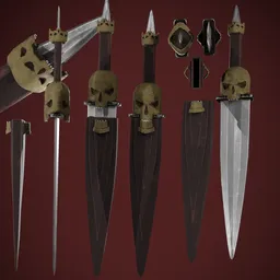 Intricate low poly Blender 3D skeletal dagger model with skull details suitable for game asset.