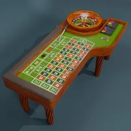 "Render of a wooden cabinet roulette casino table with roulette wheel, chips, ball, and hand rest area. Includes twelve custom chips from Blenderkit's extra edition. Perfect for professional gambling game renders."