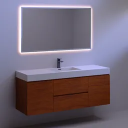 "3D model of a bathroom sink vanity with LED mirror and faucet, made with Blender 3D software. Features sleek lines and a walnut wood finish, as well as glowing LEDs. Perfect for bathroom design projects."