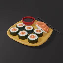 "Highly realistic 3D model of sushi plate with salmon nigiri and sushi rolls with soy sauce, created with Blender 3D software. Perfect for food and drink related projects. Ambience and occlusion rendering techniques used to bring out the best details."