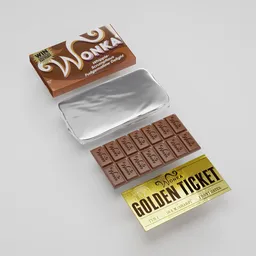 Detailed 3D model of a chocolate bar with golden ticket, perfect for Blender rendering and animation.