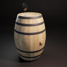 "3D model of a wooden barrel with a wine glass placed on top, created with Blender 3D software. Perfect for hard surface modelling and inspired by Antoine Le Nain's style. The oak barrel is full of high-quality wine, perfect for any 3D drinks category project."