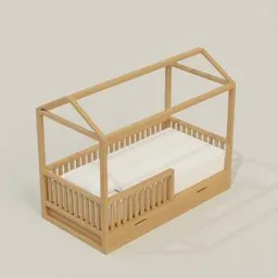 Detailed wooden kids' bed 3D model with mattress for Blender rendering.