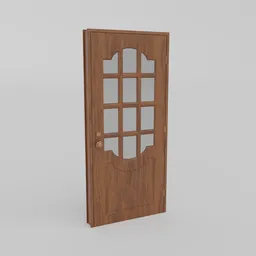 "3D model of a wooden door with glass panels, complete with round handle, lock, hinges and frame. Ideal for Blender 3D projects featuring decorative art deco border and multiple wood options such as walnut or mahogany. Available for hire from talented 3D artists and compatible with software like 2D AutoCAD and 3D Houdini."