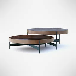 Realistic round 3D coffee table models with wood top and steel legs in Blender 3D format