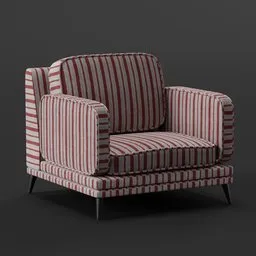 "Red and white striped armchair with PBR Fabric material, 3D model rigged and ready for use in Blender 3D software. Classicism style with tonal topstitching, inspired by Frederick Hammersley and manufactured in the 1920s. Perfect for adding a touch of vintage charm to your virtual metaverse room."