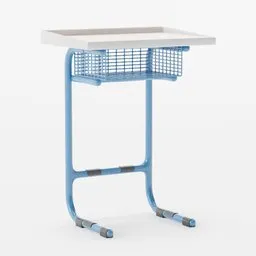 3D Blender model of a sturdy blue and white school table with under-shelf, ideal for educational settings.