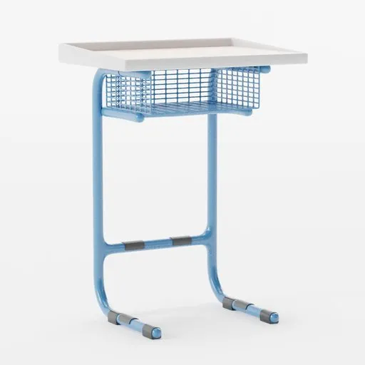 3D Blender model of a sturdy blue and white school table with under-shelf, ideal for educational settings.