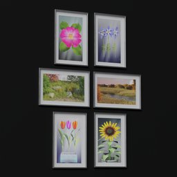 "Discover our exquisite Wall Art Collection, featuring 6 original floral paintings in various styles and sizes. Perfect for interior decoration, these 3D images are rendered in Lumion and framed beautifully in square frames, including a tilted one for added dimension. Made with Blender 3D."