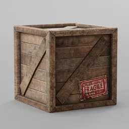 Detailed lowpoly 3D model of an old wooden crate with 'Fragile' label, suitable as a game asset or AR/VR element in Blender 3D.