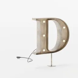 Detailed 3D Blender model of a vintage marquee light shaped as letter D with realistic textures and rigged elements.