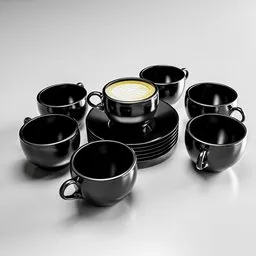 High-detail black coffee cup 3D model with saucers and spoon, ready for close-up renders, compatible with Blender 3D.