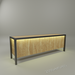 "Oak wood and black steel sideboard with LED lighting, modeled in high resolution using Blender 3D. Features cabinets and low spatial lighting for an adult swim style. Inspired by Archibald Skirving, rendered in HDRP with a 10k resolution."