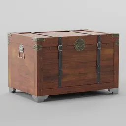 "Medieval Chest - Wooden trunk with metal handles and latch, perfect for Blender 3D scenes. Highly detailed texture and stylized 3D graphics. Explore treasure island with this untextured, 4K Unreal Engine render by Nōami."