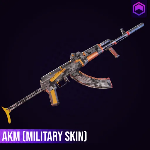 Detailed game-ready 3D AKM rifle model with realistic military camouflage texture for Blender.