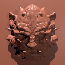 3D sculpting brush for Blender creating detailed Hanya tribal mask textures on models.